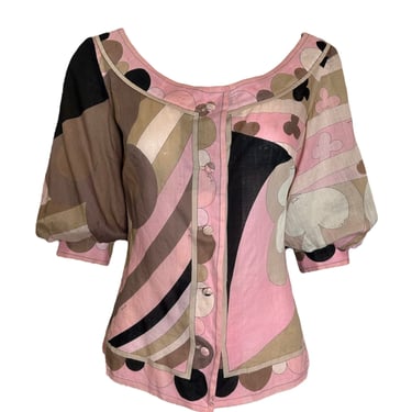 Emilio Pucci Pink and Brown "Clubs" Puff Sleeve Cotton Blouse