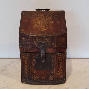 18th Century Baroque Period European Gilt Tooled Leather Clad Knife Box Antique Cutlery Caddy 