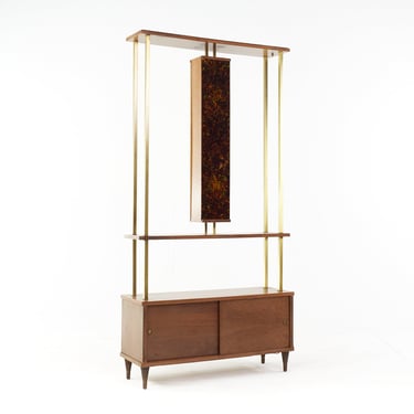 Mid Century Walnut Brass and Stained Glass Room Divider - mcm 
