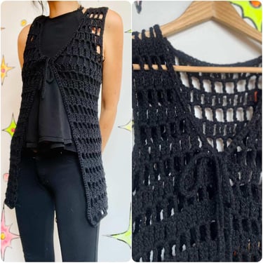 Vintage 60s 70s Black Hand-Crocheted Boho Rocker Vest – Hippie Festival Layer 