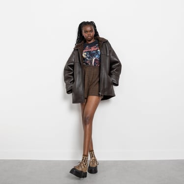 SHERPA LEATHER JACKET Vintage Dark Brown Faux Fur Lined  Coat Woman 90's Oversize / 