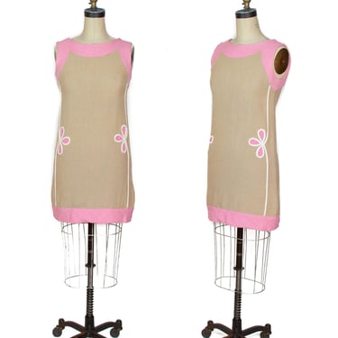 1960s Dress ~ Linen Taupe and Pink Flower Power Mini Color Block Dress 