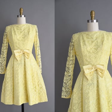 vintage 1960s Dress | Buttercup Yellow Lace Cocktail Party Dress | XS 