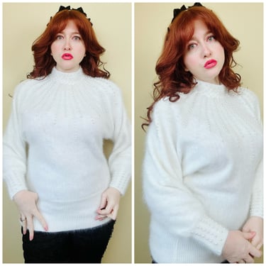 1990s Vintage Christine Phillipe Angora Sweater / 90s Snow White Pearl Beaded Dolman Sleeve Knit Jumper / Size Medium 
