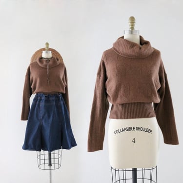 walnut wool crop sweater - m - womens vintage 90s mohair size medium turtleneck brown long sleeve cropped sweater 
