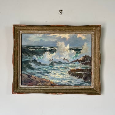 60's H. Vollmer Rocky Shoreline Seascape Oil Painting 