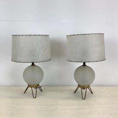 Pair Mid-Century Crackled Globe Table Lamps w/Shades 