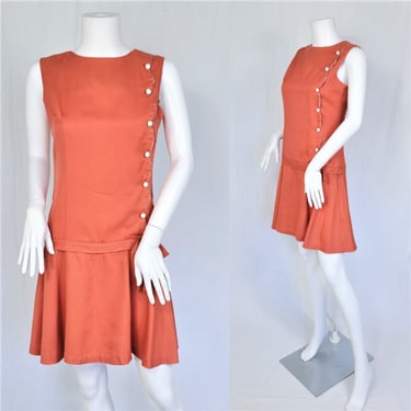 1960's Terra Cotta Orange Poly Cotton Short Scooter Go Go Mini Dress I Sz Med 