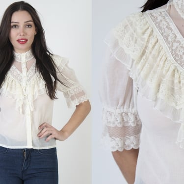 Off White Plain Lace Victorian Style Blouse, Womens Button Up Bohemian Top, Old Fashion Western Inspired Tunic 
