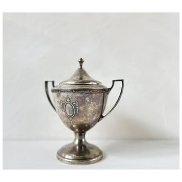 Antique Silver Plate Trophy Vase Lidded Urn, Silver Tarnish Patina, Vintage Bookcase Bookshelf Decor, Traditional Accents 