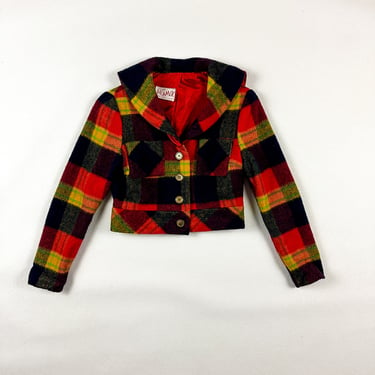 1960s 70s Alamor New York Rainbow Plaid Cropped Jacket with Capelet / Small / Bright / Mod / 1970s / Wool / Fall / Oversize Collar / S / 
