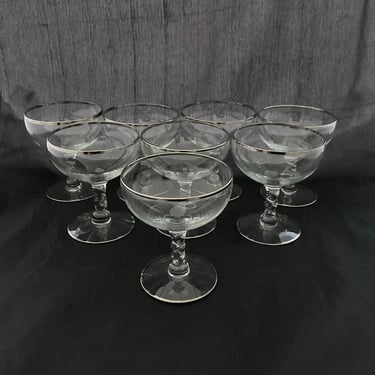 Set of 2 Mid Century Modern Silver / Platinum Rimmed Cocktail Coupe Glasses, Art Deco Champagne Saucers, Antique Retro Barware, Martini 
