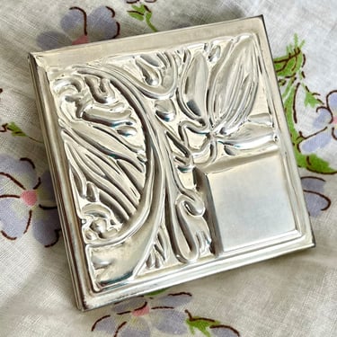 Vintage Mirror Compact, Raised Botanical Pattern, Ready for Monogram, Engraving 