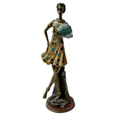 &quot;Dancing in the Heat&quot; African Figurine Sculpture Posing With Her Large Leaf Fan