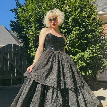 VTG 80s Black Lace/Sequin Tiered Full Skirt Strapless Dress 