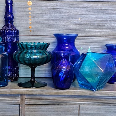 Modern Boho Blue Green Glass Vase Bottle Set Decor Glassware 