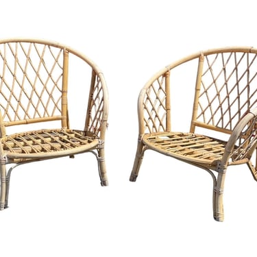 Pair 1950s Mid Century Rattan Wicker Armchairs w Criss Cross Pattern GH-1