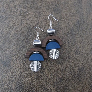Carved wooden earrings, royal blue silver 