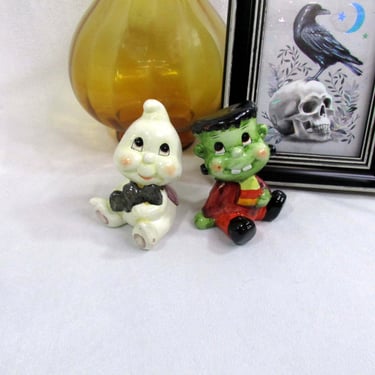 Vintage Frankenstein and Ghost Figurine Pair- Chubby Cheeked Ghouls-Pet Bat-Adorable! Hallmark? 