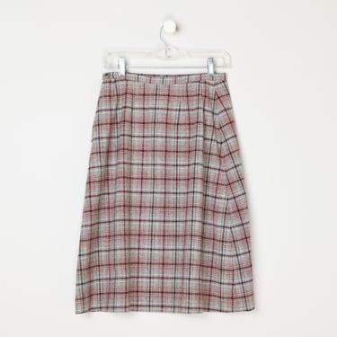 Vintage 90s Grey & Dark Red Plaid Midi Skirt - nineties, academic, preppy - Women's XS (26