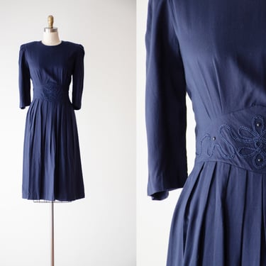 cute cottagecore dress | 80s 90s vintage navy blue chainstitch embroidered knee length dress 
