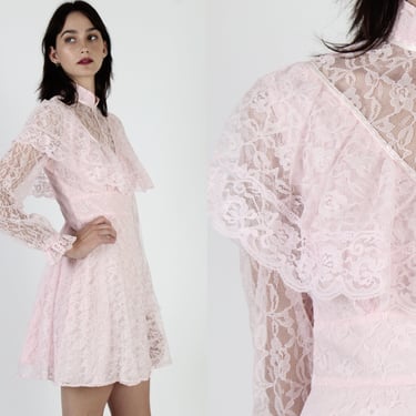 Vintage 1970s All Over Lace Dress, Country Western Saloon Style. Sheer See Through Pink Ruffle Mini Dress 