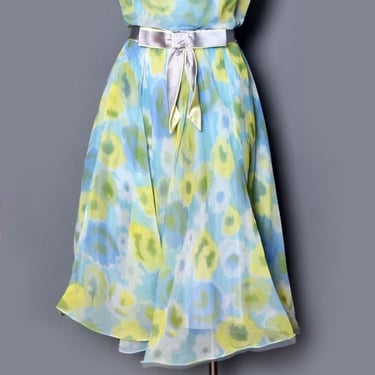 Vintage 1960s Silk Chiffon Dress Floral Fit & Flare Mod Party Evening Dress Blue 
