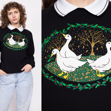 80s Geese Collared Sweatshirt - Large | Vintage Black Goose Animal Graphic Pullover 