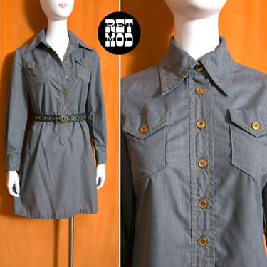 So Cool Vintage 60s 70s Dusty Chambray Gray-Blue Shirt Dress by Bobbie Brooks 