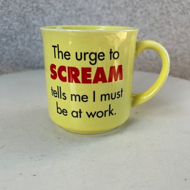 Vintage Recycled Paper Products yellow coffee ceramic kitsch mug “The urge to scream must be at work” 