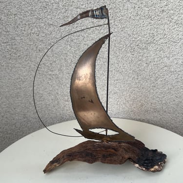 Vintage Brutalist Copper Sail Boat Sculpture On Drift Wood Sign Toma 1982. 