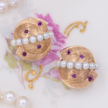 Star-Set Ruby & Pearl Earrings C. 1950s