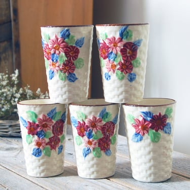 Vintage Japanese cup set / Japanese basket weave Majolica cups / set of 5 vintage ceramic glasses / cottage kitchen decor pottery 