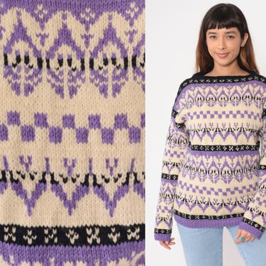 70s Fair Isle Sweater Nordic Wool Blend Knit Sweater Pullover Boatneck Cream Lavender Bohemian Ski Retro Geometric Vintage 1970s Medium 