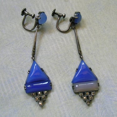 Antique Sterling Art Deco Marcasite Blue Chalcedony Screwback Earrings, Deco Sterling Earrings, 1920s Sterling Marcasite Earrings (#4442) 