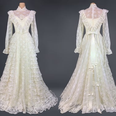 VINTAGE 70s Ivory Lace Cottage Core Wedding Dress | 1970s Gunne Style Prairie Bridal Gown Bustle Back Train | Bohemian Bride VFG 