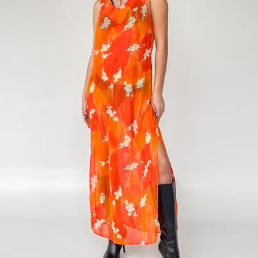 Orange Blossom Print Sheer Mesh Dress (S)