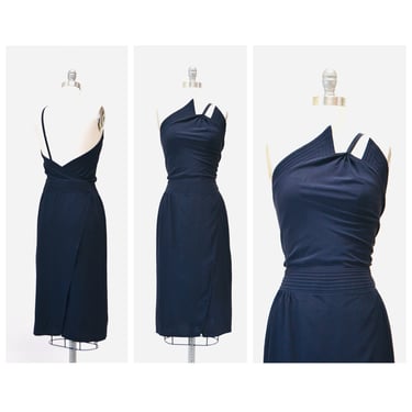 90s Vintage Silk Asymmetrical Chloe Wrap Dress Small Navy Blue Neiman Marcus// 90s Navy Blue Silk Sleeveless Wrap Dress by Chloe Paris Small 