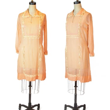 1920s Dress ~ Peach Sheer Cotton and Lace Day Dress 