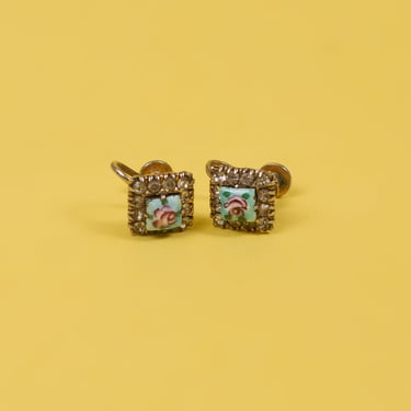 Vintage Square Flower Clip-On Earrings 
