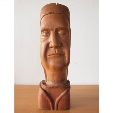 Original A.J. KLAUSNER Folk Art SCULPTURE Hand-Carved Wood Bust 24" High, Winking Man Portrait Mid-Century Modern outsider eames era 