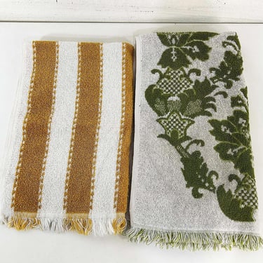 Vintage Fieldcrest Cotton Bathroom Towels Mismatched Hand Bath Cloth Sculptural 1960s Green Mustard Yellow Stripe Mid-Century Set Terrycloth 