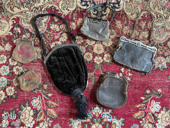 Lot of 6 authentic antique Victorian purses for costume | Haunted house, spooky, Halloween, reenactment, theater, film prop, 19th century 