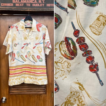 Vintage 1950’s Original Atomic Barbecue BBQ Cotton Print Rockabilly Shirt, Cabana Pocket, Size L, 50’s Vintage Clothing 