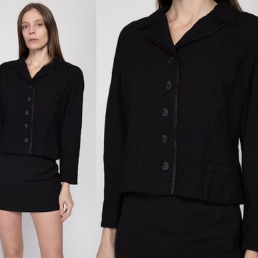 Medium 1940s Black Cropped Blazer | Vintage 40s Button Up Short Notched Collar Jacket 