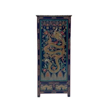 Chinese Tibetan Dragon Flower Graphic Tall Slim Wardrobe Cabinet cs7633E 