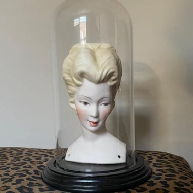 1960s blonde porcelain doll head in glass dome case 
