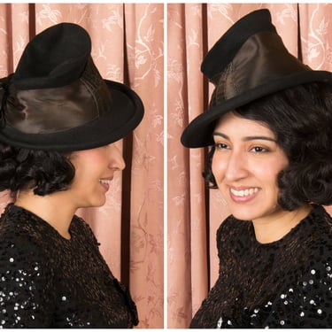 1940s Hat - Striking Asymmetric 40s Sculpted Peaked Tilt Hat with Satin Band Size 23 