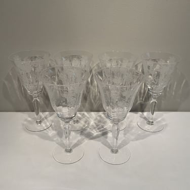 6 Morgantown Mayfair Etched Crystal Wine Glasses, Art Deco Water Goblets, 1920s table ware, wine party glasses, crystal dining glasses 