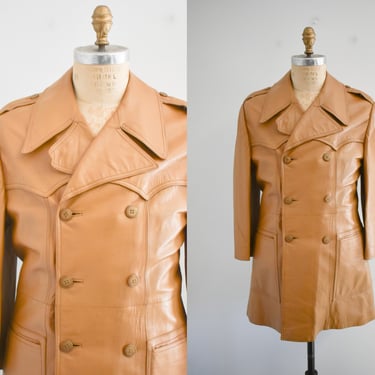 1970s Caramel Brown Double Breasted Leather Coat 